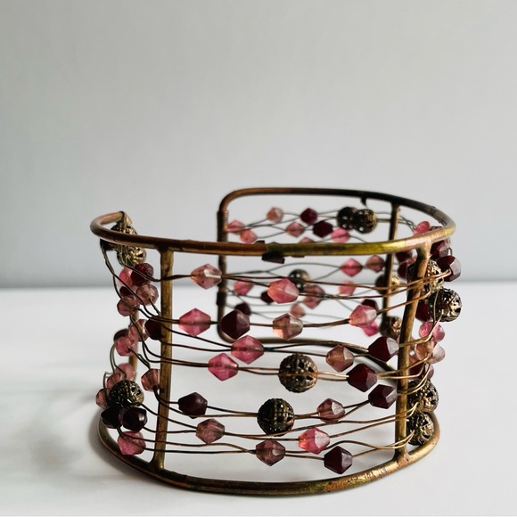 Wire Cuff Bracelet with Pink and Brown Beads - Picture 11 of 16